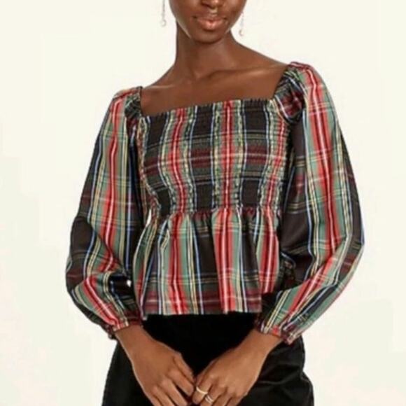 J. Crew‎ Puff-Sleeve Smocked Top in Stewart Tartan Size Large - Picture 1 of 11